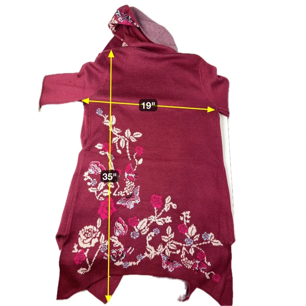 NWD Max Sport Burgundy Butterfly Open Front Hooded Cardigan Duster Womens Medium